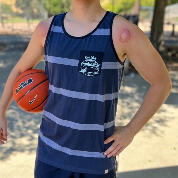 BODY GLOVE KEY WEST FLORIDA MEN TANK TOP SHIRT NAVY BLUE STRIPE SHARK SEE SURFER - Picture 11 of 16